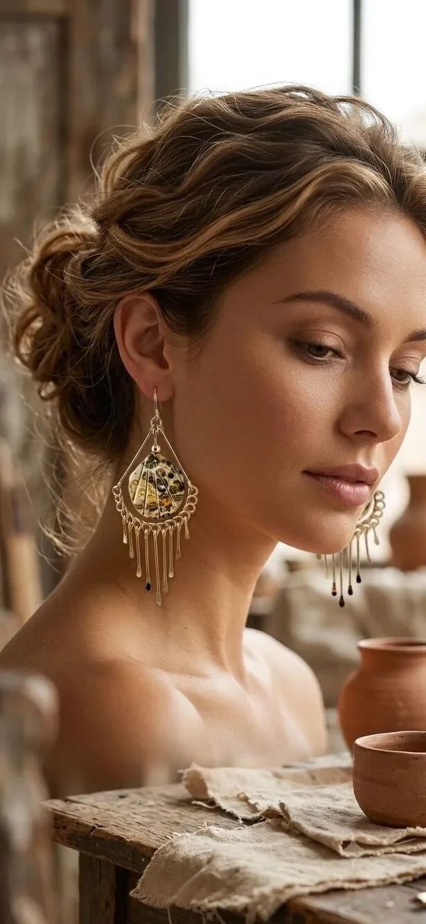 Leopard Skin Jasper Dangle Earrings Shell Design 14K Gold Filled Wire with Tasse
